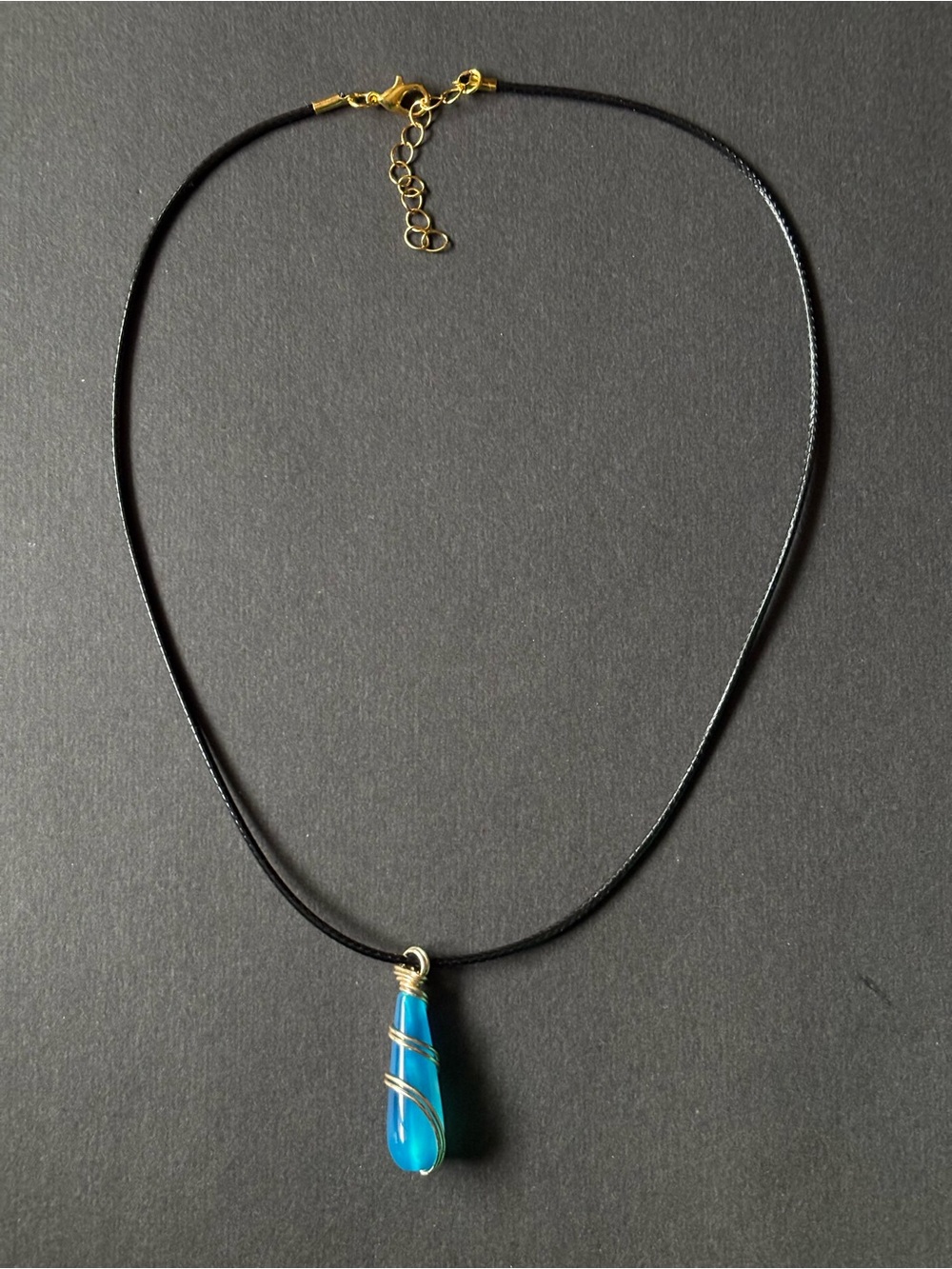 Blue Teardrop Pendant Necklace | Black Cord Gold Wire Wrapped